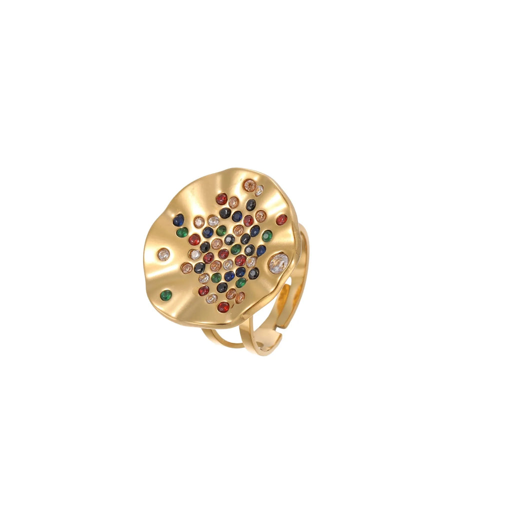 Geometric pleated titanium steel ring with colourful crystals and adjustable open mouth design