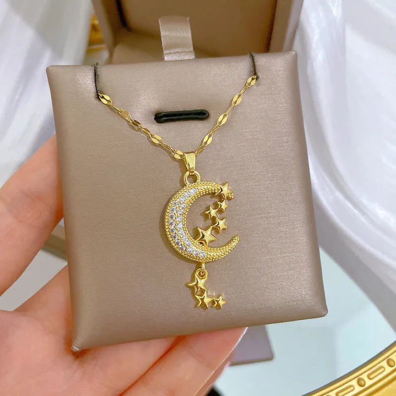 Geometric moon pendant necklace with stainless steel chain and copper tassel decorations