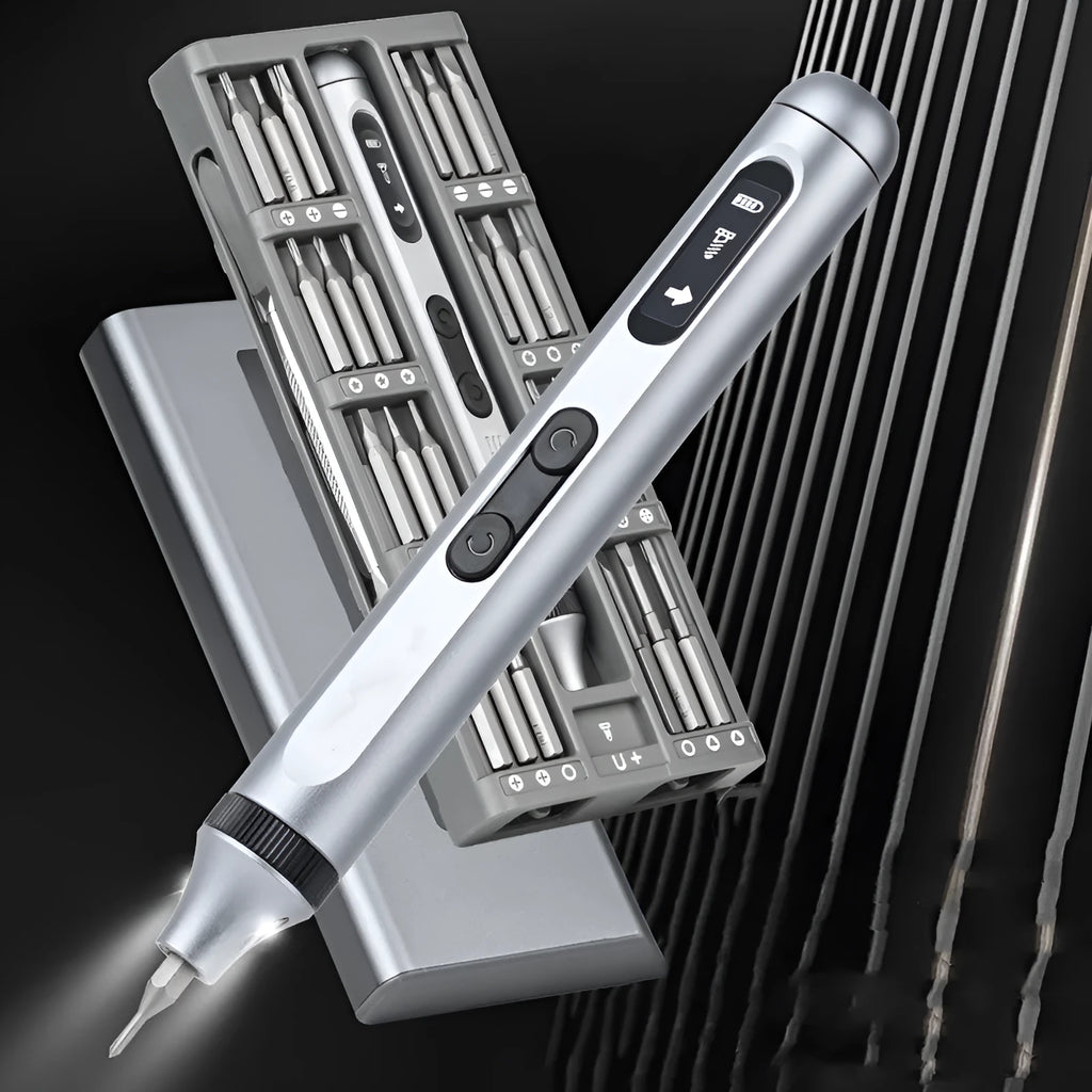 Compact aluminium electric screwdriver showing scale, with display indicating 180-minute battery life and dual torque settings.