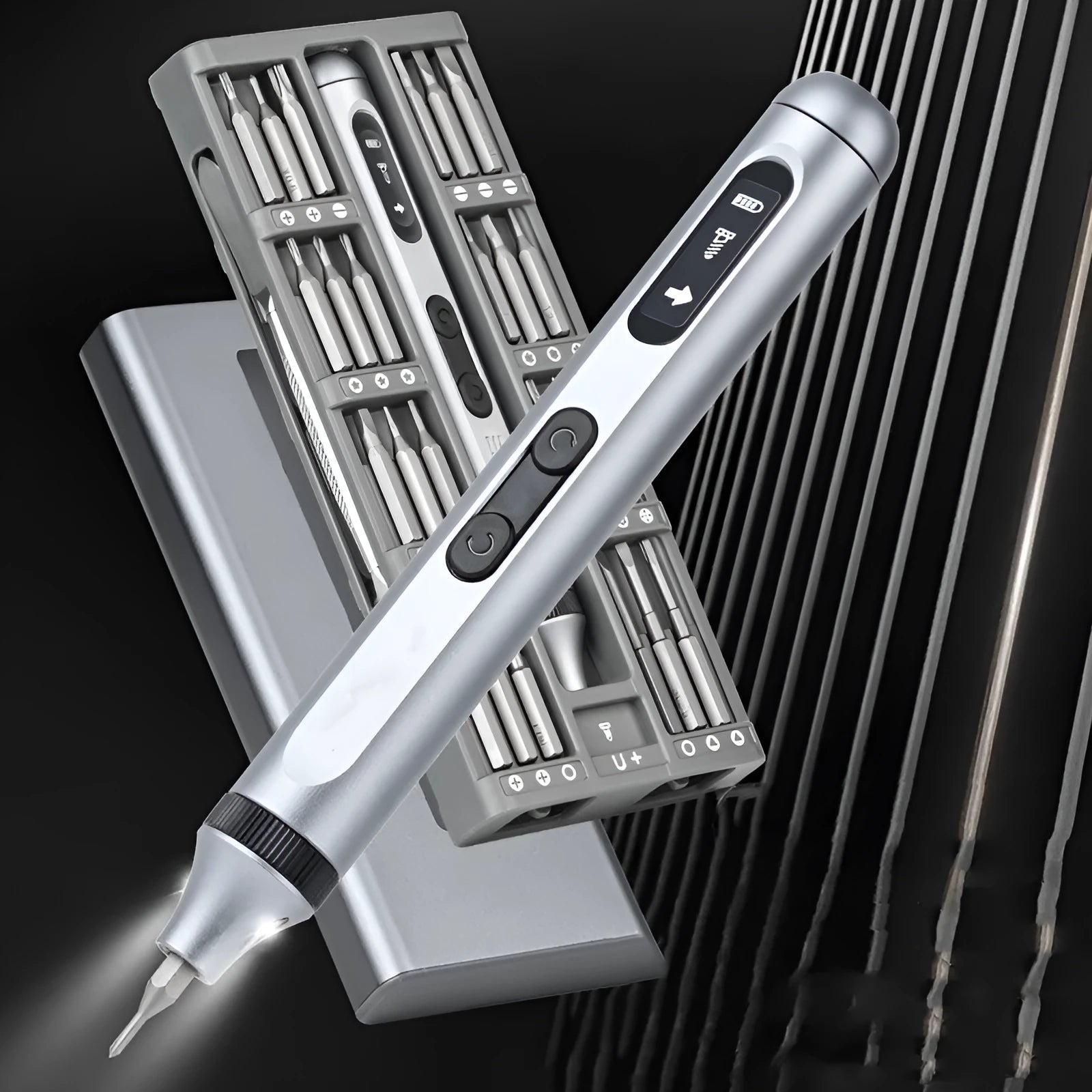 Compact aluminium electric screwdriver showing scale, with display indicating 180-minute battery life and dual torque settings.