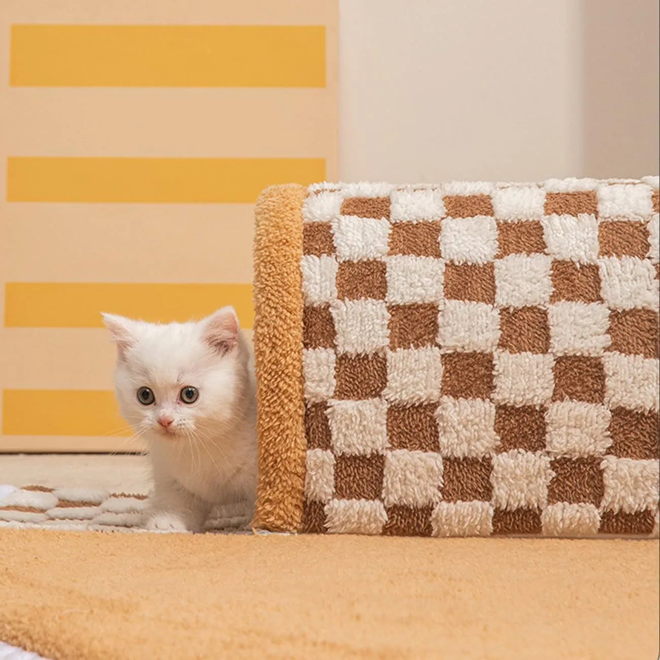 XL sized fan-shaped plush pet bed with a tunnel entrance and a thick sleeping mat, in a coffee colour with an anti-slip granular base.