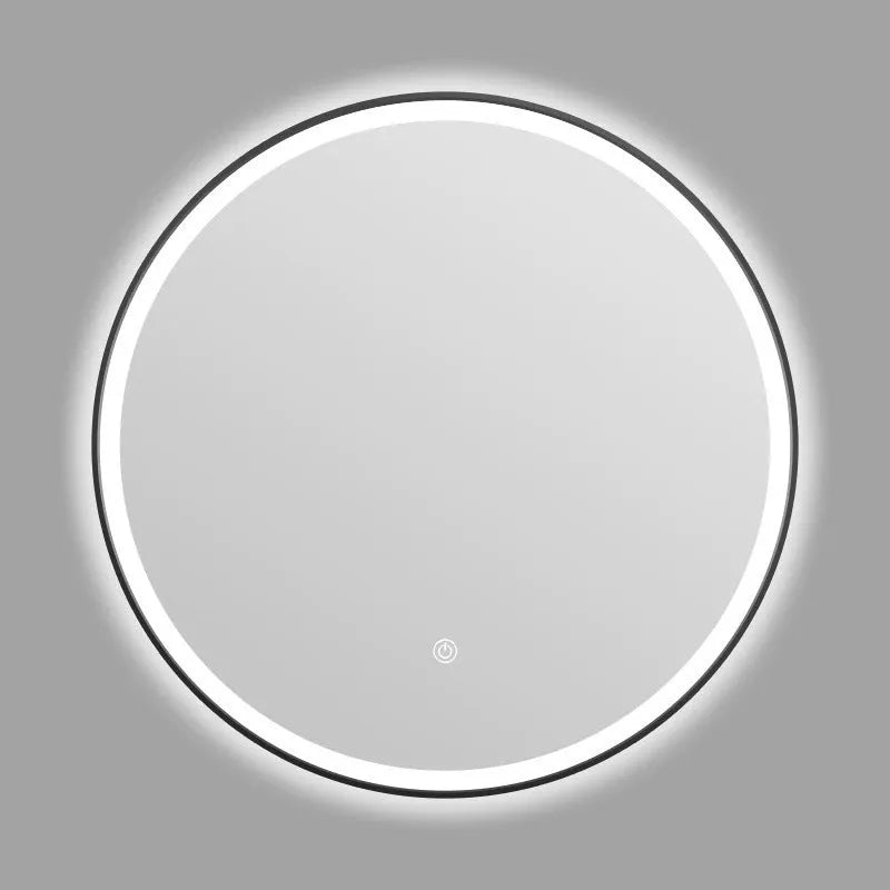 Round black aluminium frame smart LED bathroom mirror with touch dimming control on wall.