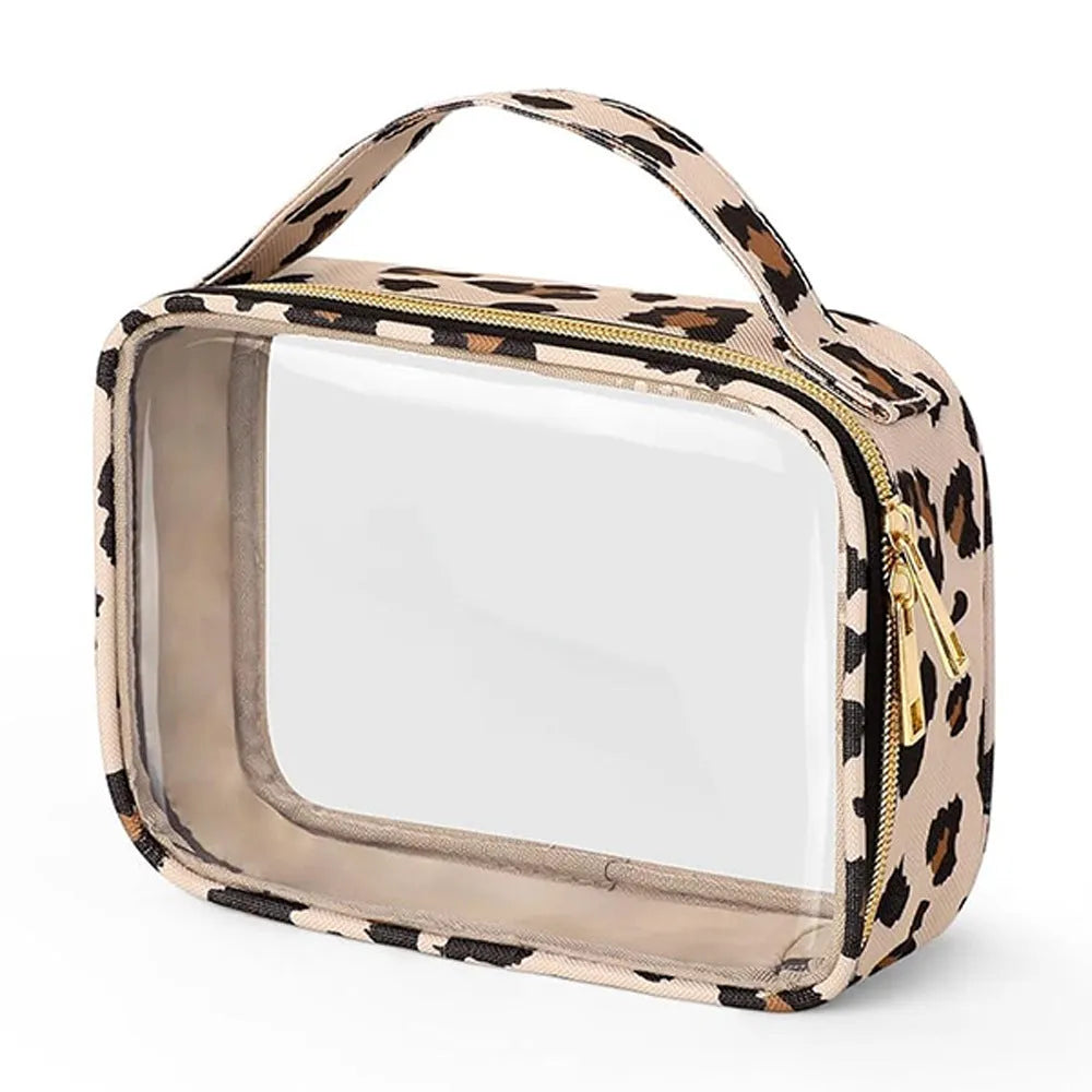 Transparent PVC wash bag showing cosmetics inside with chain handle