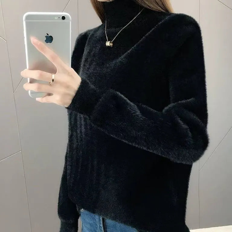 Women's half turtleneck solid colour long sleeve bottoming shirt in black size S