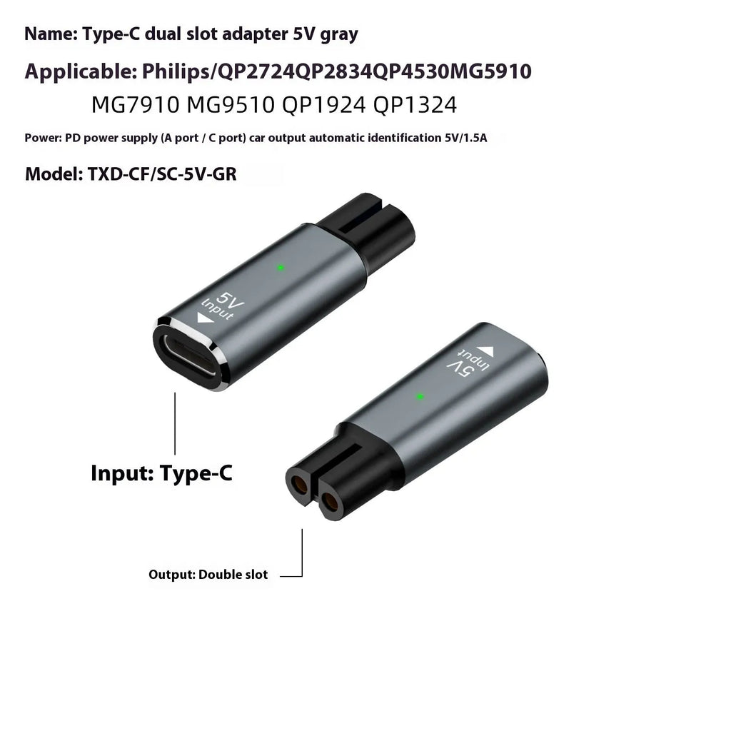 Black aluminium alloy USB-C to DC charging adapter for electric shavers with 4.3V output.