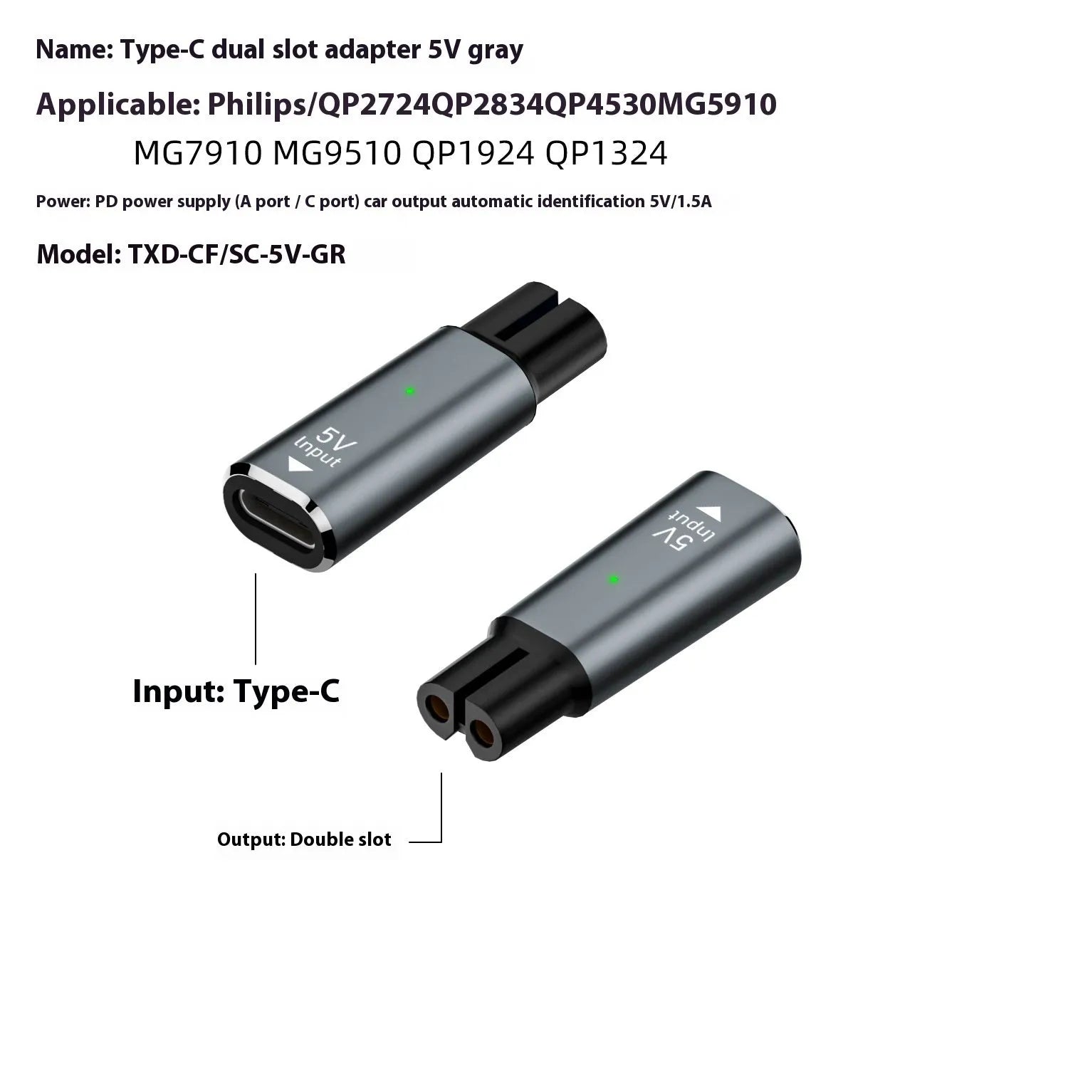 Black aluminium alloy USB-C to DC charging adapter for electric shavers with 4.3V output.