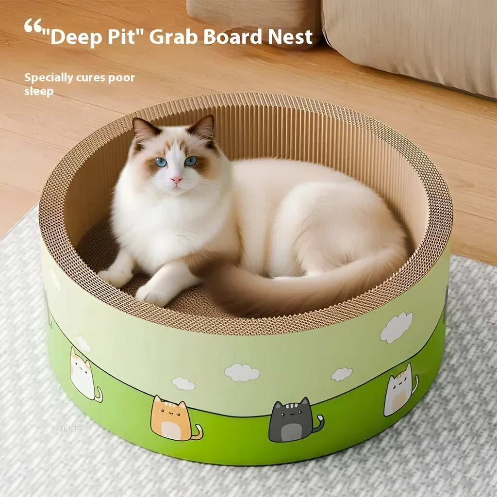 Large round cat scratch board with deep pits in corrugated paper, available in 45cm and 50cm sizes