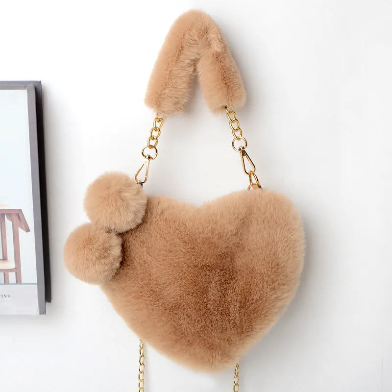 Soft plush heart-shaped women's handbag with zipper closure in various colours
