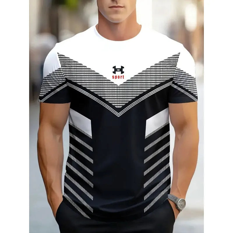 Men's loose fit short-sleeved T-shirt with digital 3D printed stripes pattern, available in multiple colours and sizes up to 5XL.