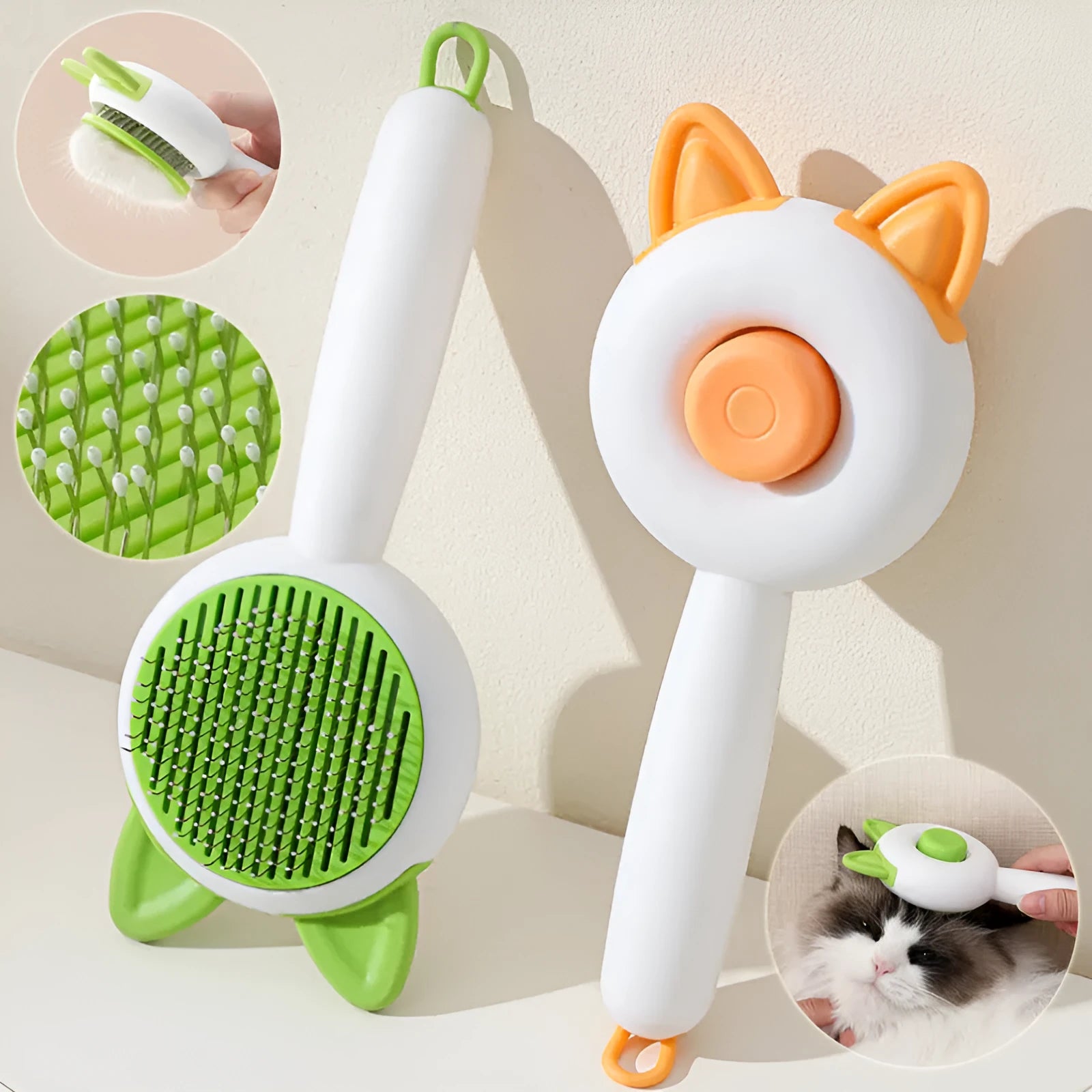 Self-cleaning pet grooming brush for cats with stainless steel teeth in greenish white colour
