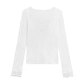 Women white V-neck long sleeve top with lace stitching in polyester knit slim fit