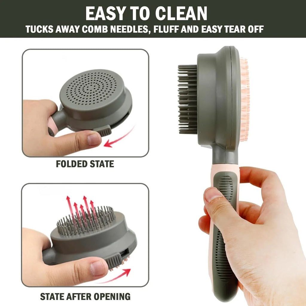 Pink double-sided cat grooming brush with release button next to a flea comb on a white background.