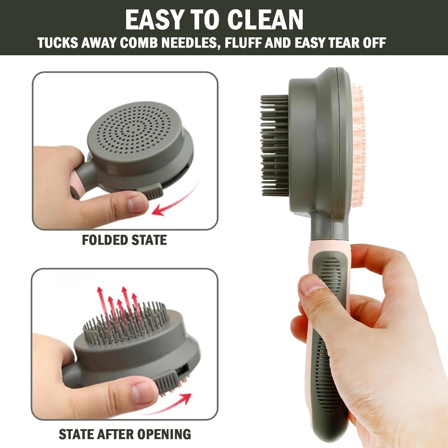 Pink double-sided cat grooming brush with release button next to a flea comb on a white background.