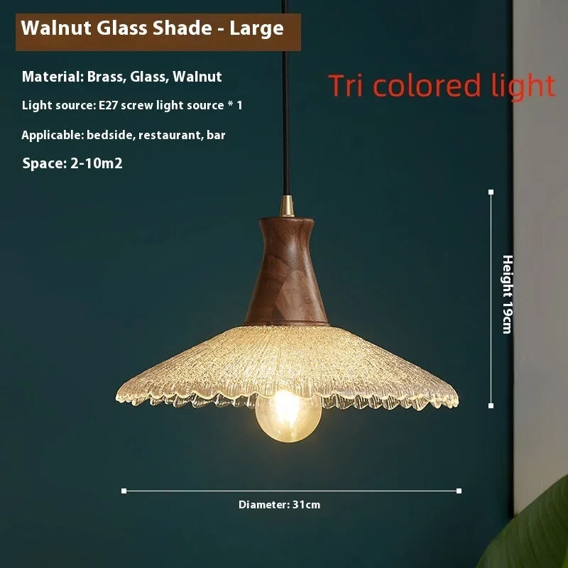 Retro wood and glass ceiling chandelier with brass-colour finish in three sizes.