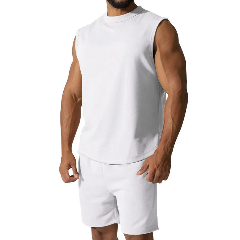 Men's sleeveless sports suit set in cotton blend fabric with matching shorts