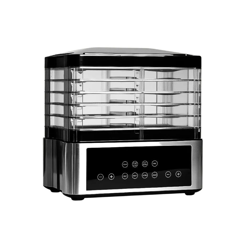 Silver stainless steel fruit dehydrator with 14L capacity and temperature control dial