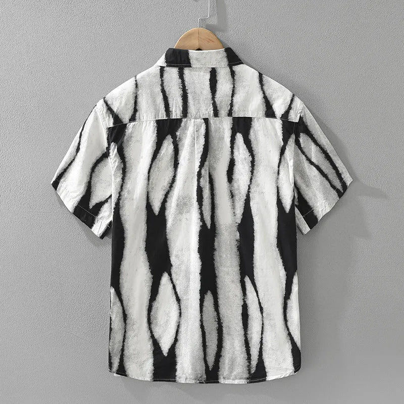 Retro striped pure cotton short sleeve shirt in loose cardigan style shown in black colour