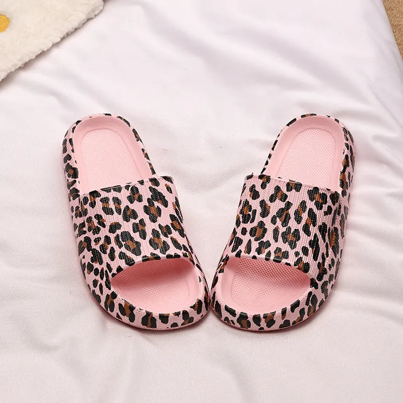 Women's leopard print EVA slippers with thick sole, shown in multiple colour variants.
