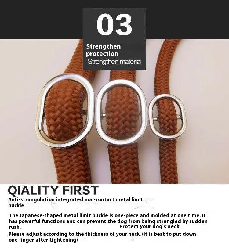 Brown nylon dog leash with chain links measuring 2.1 metres in length