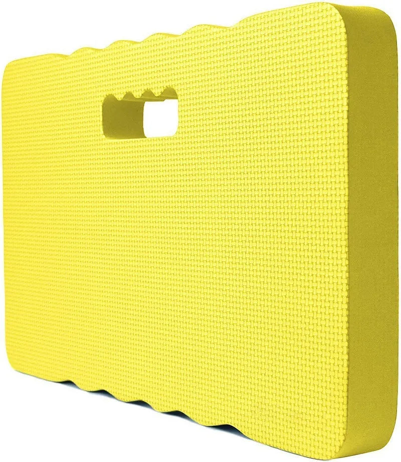 Blue plastic EVA foam garden kneeler pad on grass, showing size and thickness.