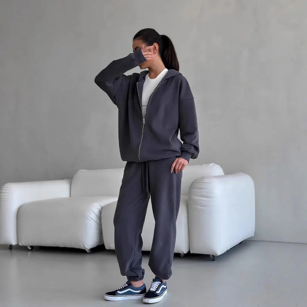 Women's street style long-sleeved coat and trousers two-piece set in loose fit polyester fabric