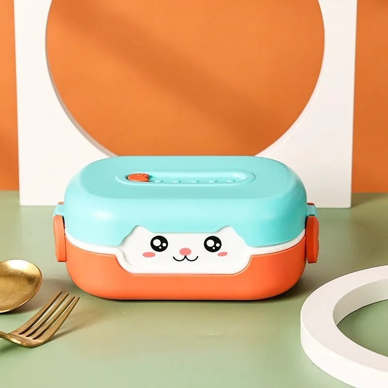 Square divided plastic lunch box in dark blue, orange yellow, and pink and green colours.