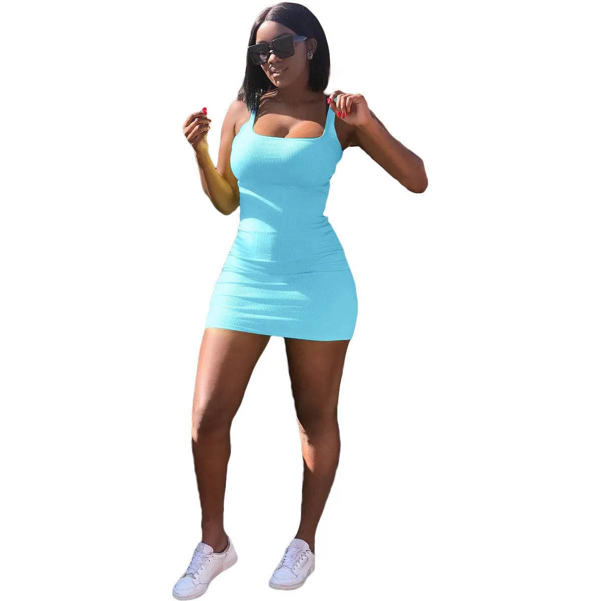 Women's slim fit short dress with a big U-neck and sunken stripe pattern, featuring princess sleeves and a strap detail.