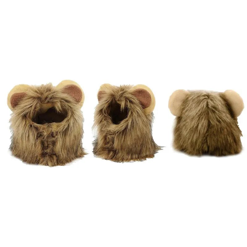 Adjustable lion mane wig accessory on a cat, showing plush artificial hair and elastic band.
