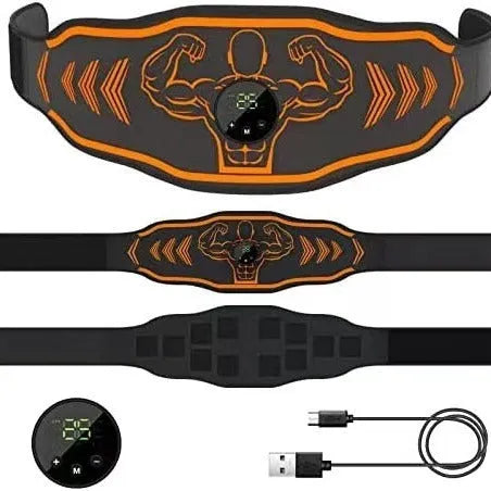 Blue and orange EMS smart massage belt with host unit, main belt, and arm stickers