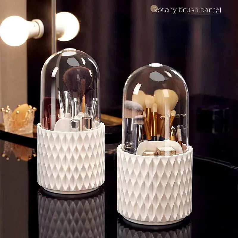 White acrylic rotating makeup brush storage box with transparent dust cover open