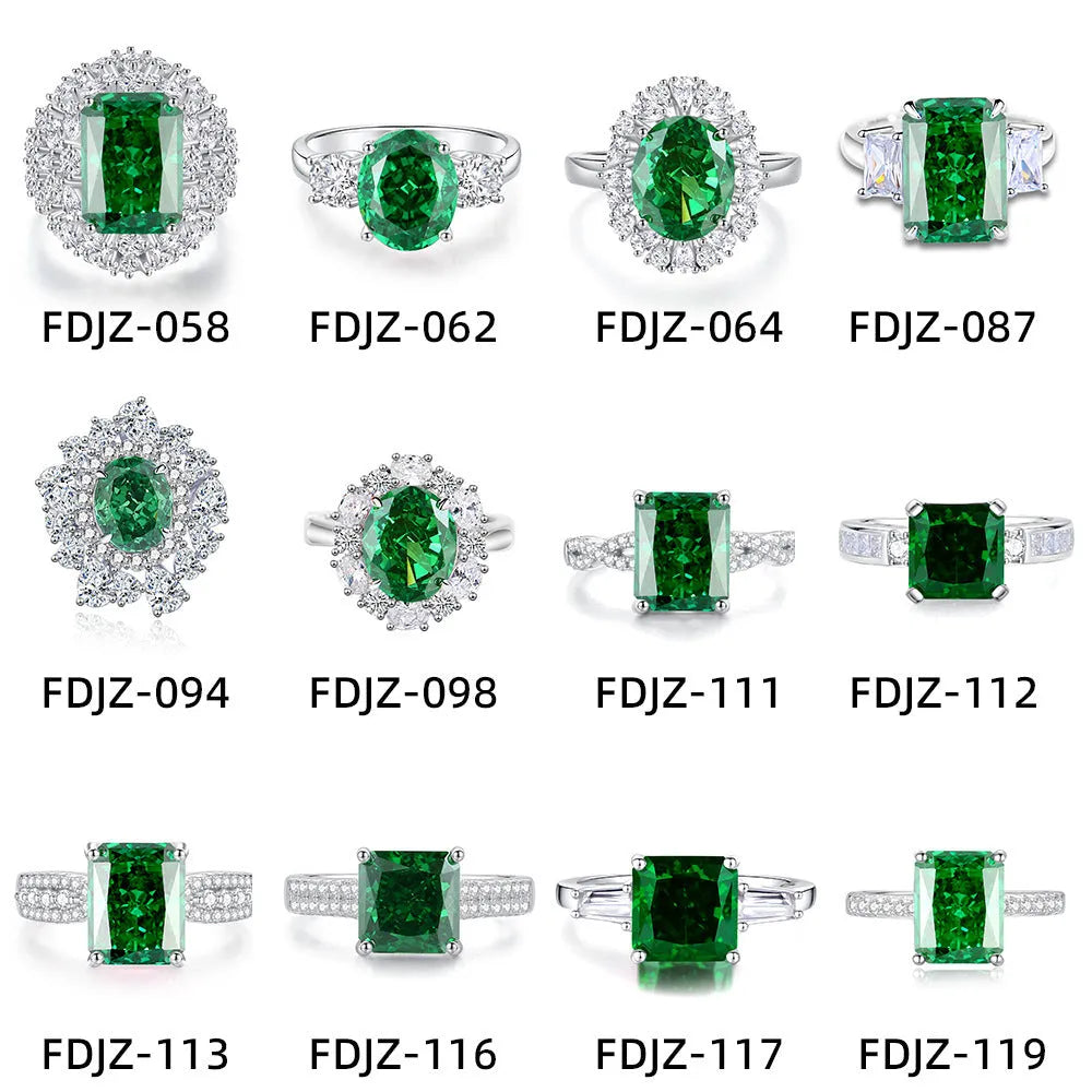 S925 silver emerald ring for women with inlaid high carbon diamonds in a geometric design on a white background.