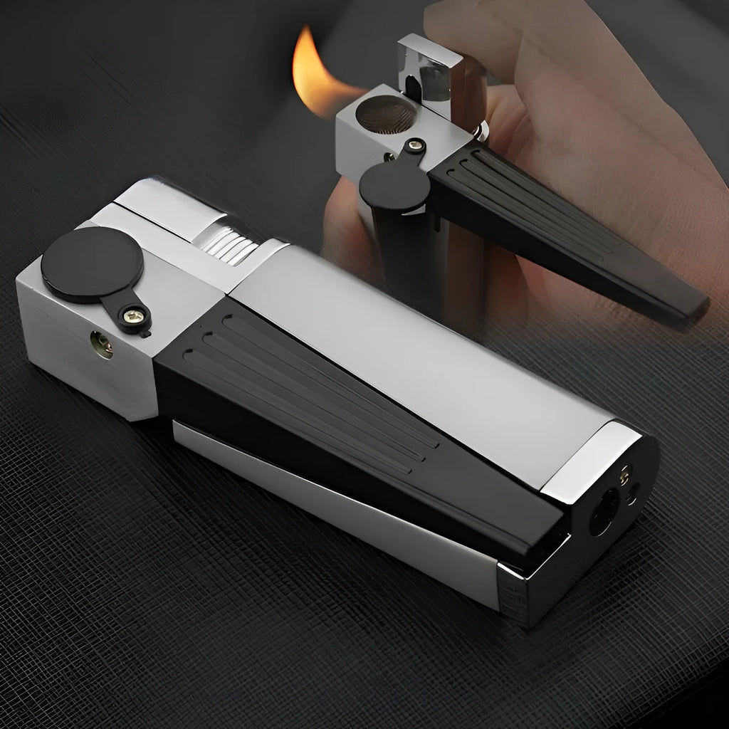 Silver and black foldable metal pipe lighter with stash compartment closed.
