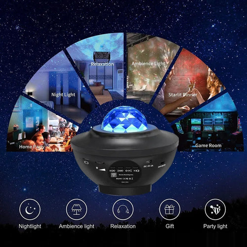 Black parallel style starry sky projection lamp with water ripple laser effects on a desktop.