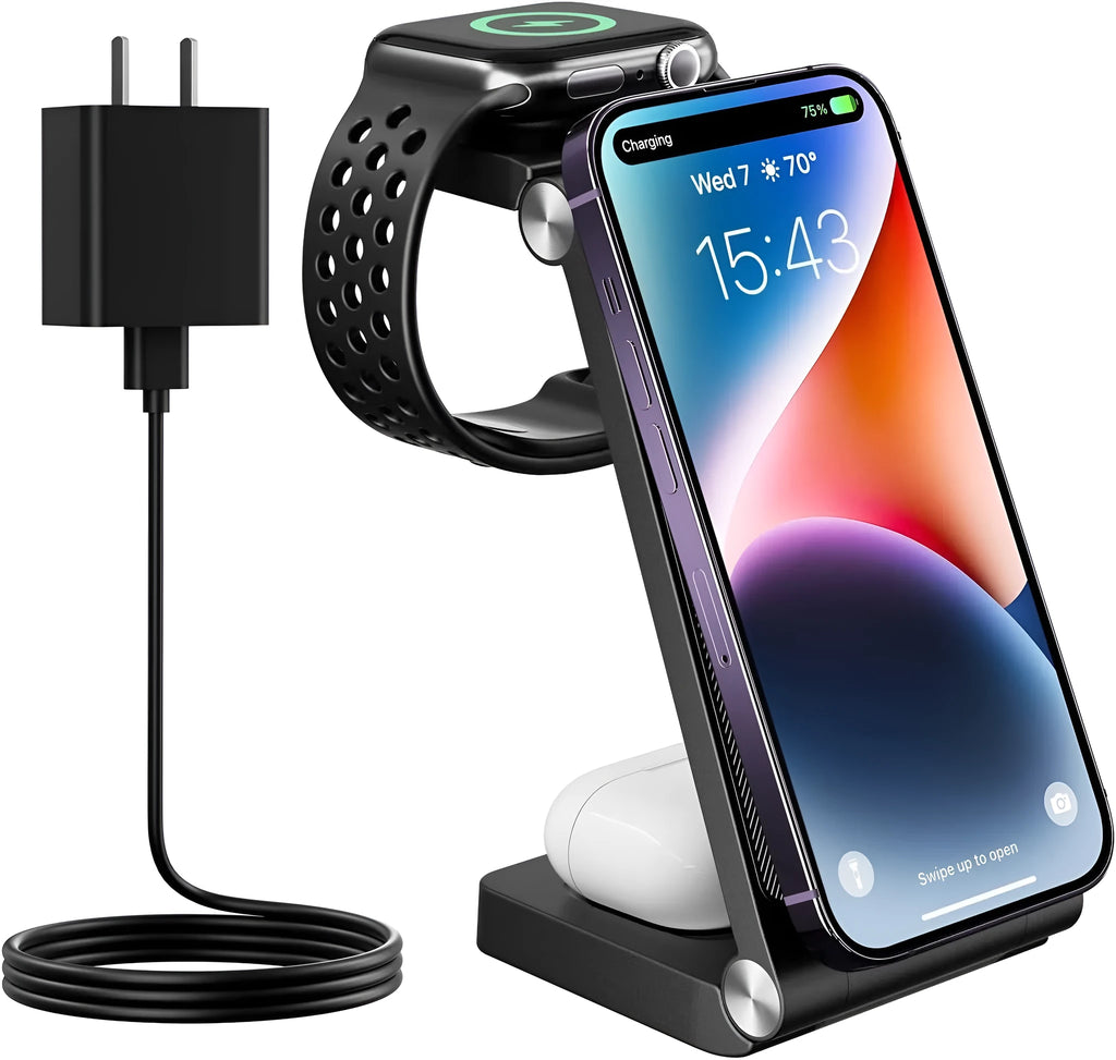 New vertical folding magnetic three-in-one wireless charger in black on a desk charging a smartphone, watch, and earbuds