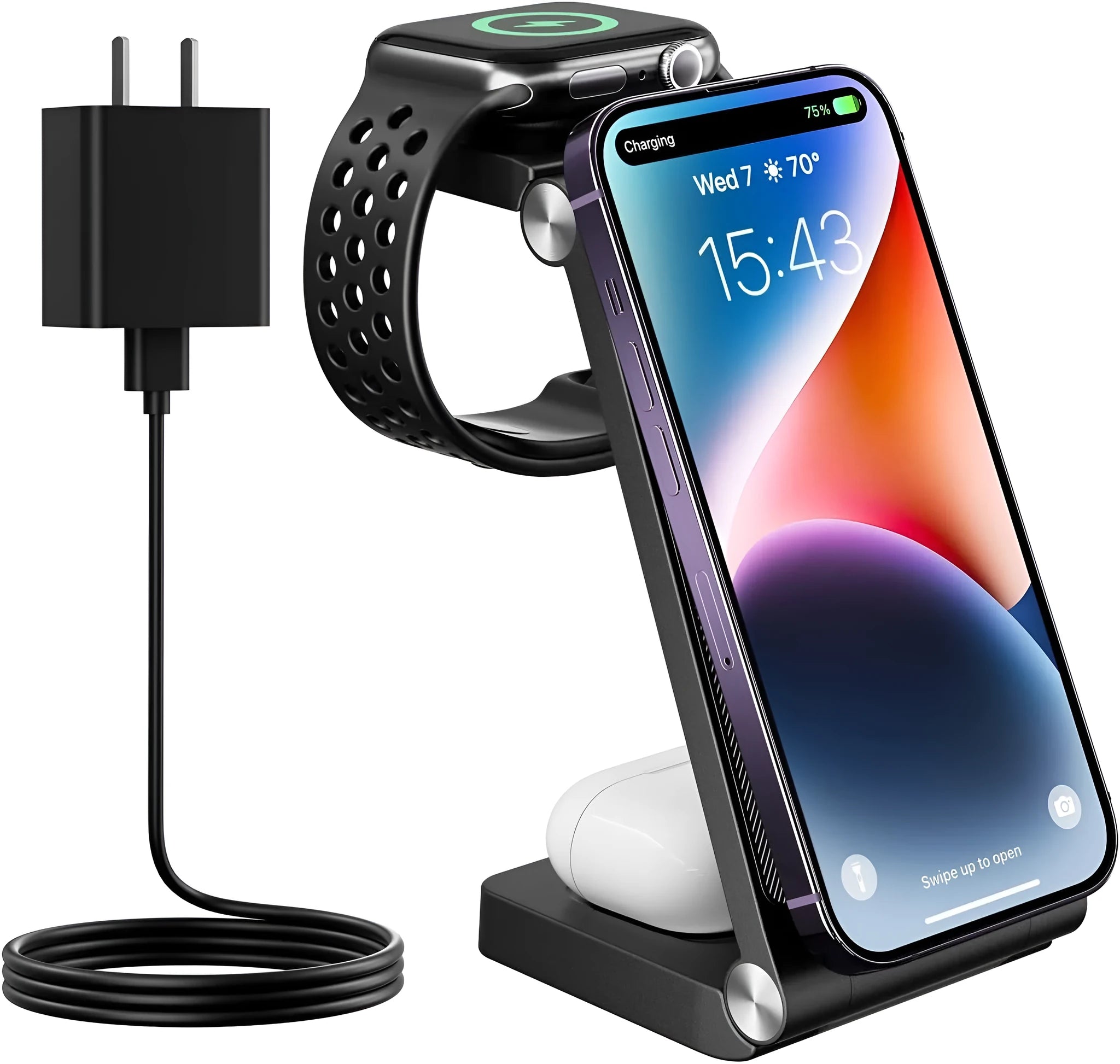New vertical folding magnetic three-in-one wireless charger in black on a desk charging a smartphone, watch, and earbuds