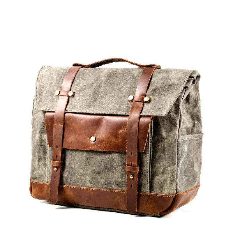Camel Knight retro cotton messenger bag in army green showing size and internal pockets.