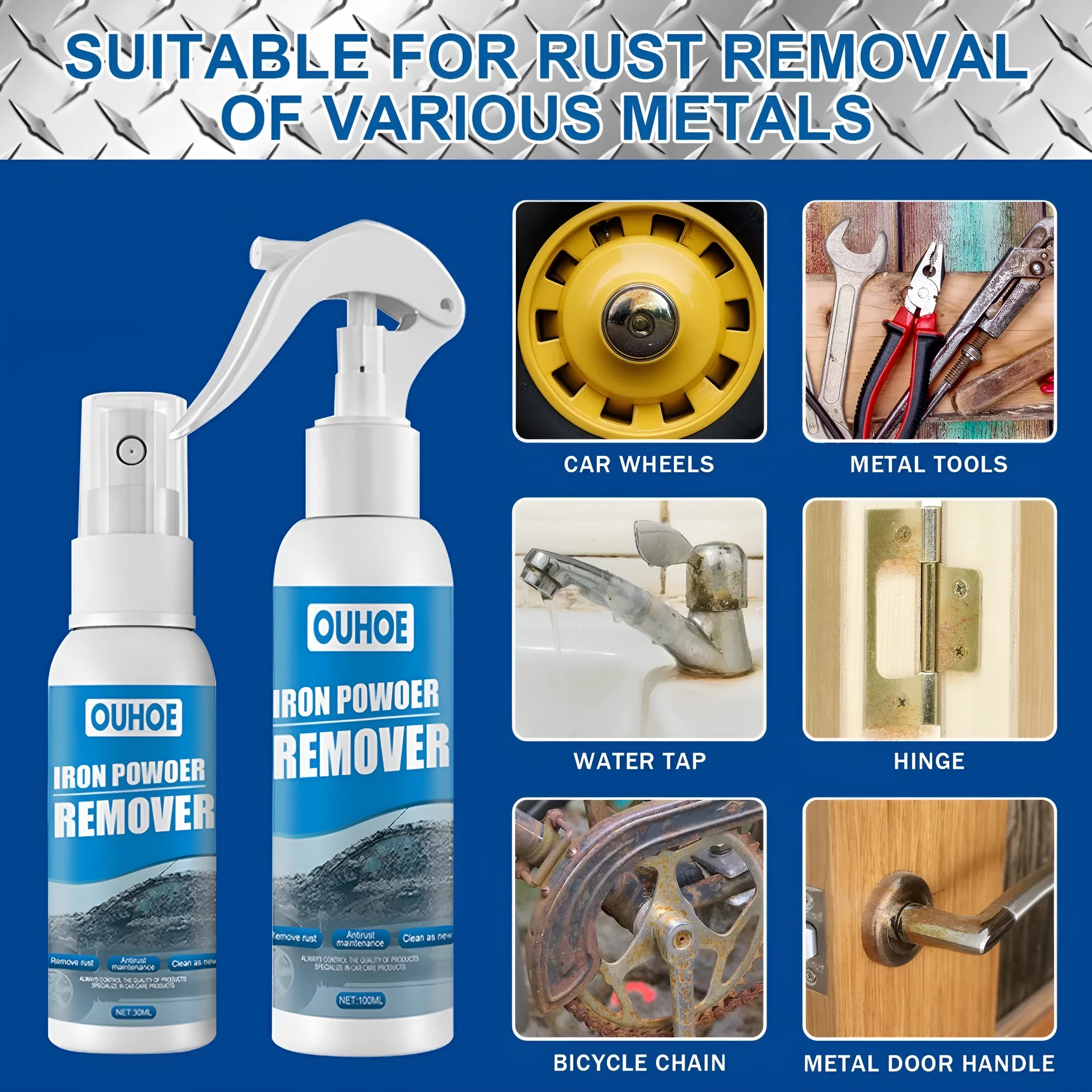 Automotive iron powder rust remover spray bottle with sponge applicator for car bodywork.
