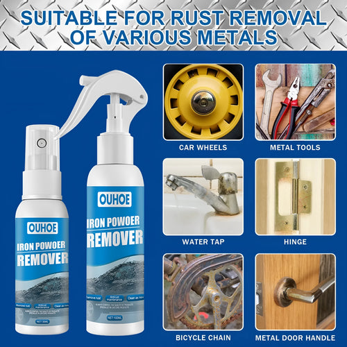Automotive iron powder rust remover spray bottle with sponge applicator for car bodywork.