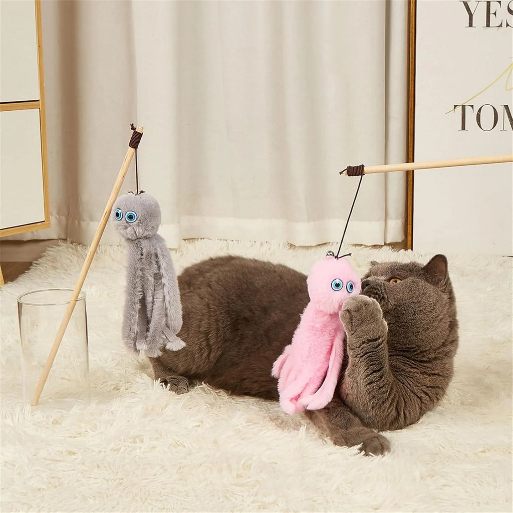 Octopus-themed cat toy with long stick handle and moving eyes for indoor play with kittens