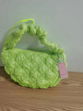 Women's nylon shoulder messenger bag in beige colour showing dimensions and adjustable strap