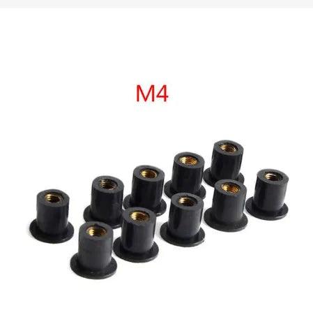 Black motorcycle windshield rubber well nut fasteners with brass threads in M4 M5 M6 sizes, kit of 10 pieces.