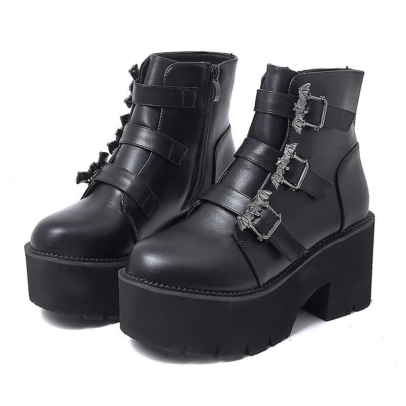 Black Harajuku punk Martin boots with bat buckle gothic detailing and side zipper