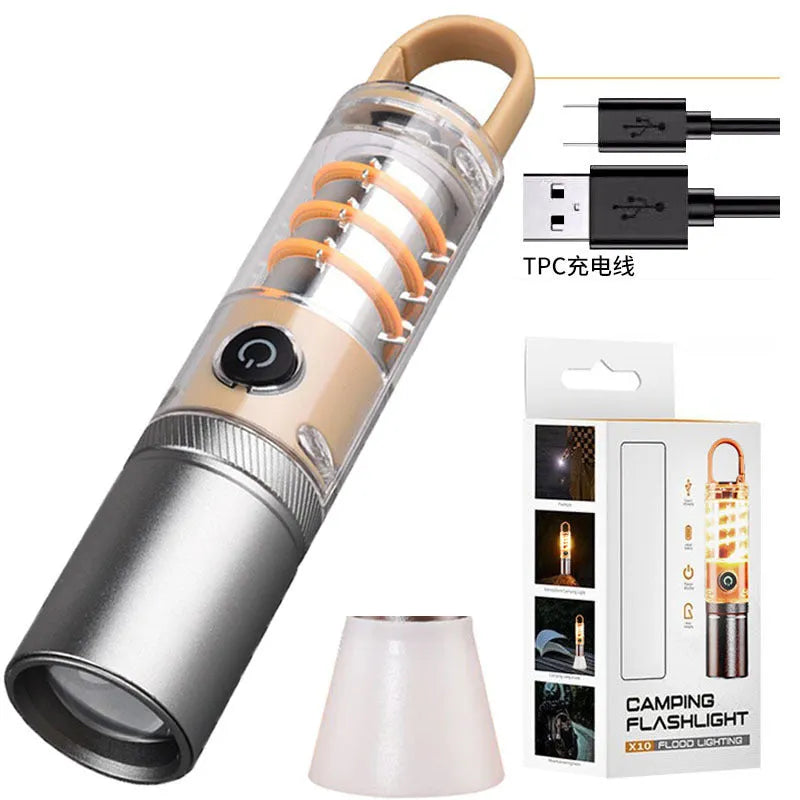 Orange and beige multifunctional flashlight with hook attachment and keychain