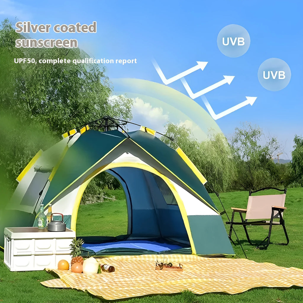 Dark green automatic pop-up camping tent for 3-4 people with quick-open design.