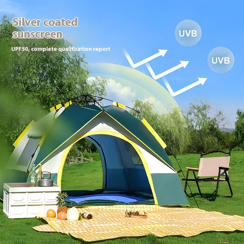 Dark green automatic pop-up camping tent for 3-4 people with quick-open design.