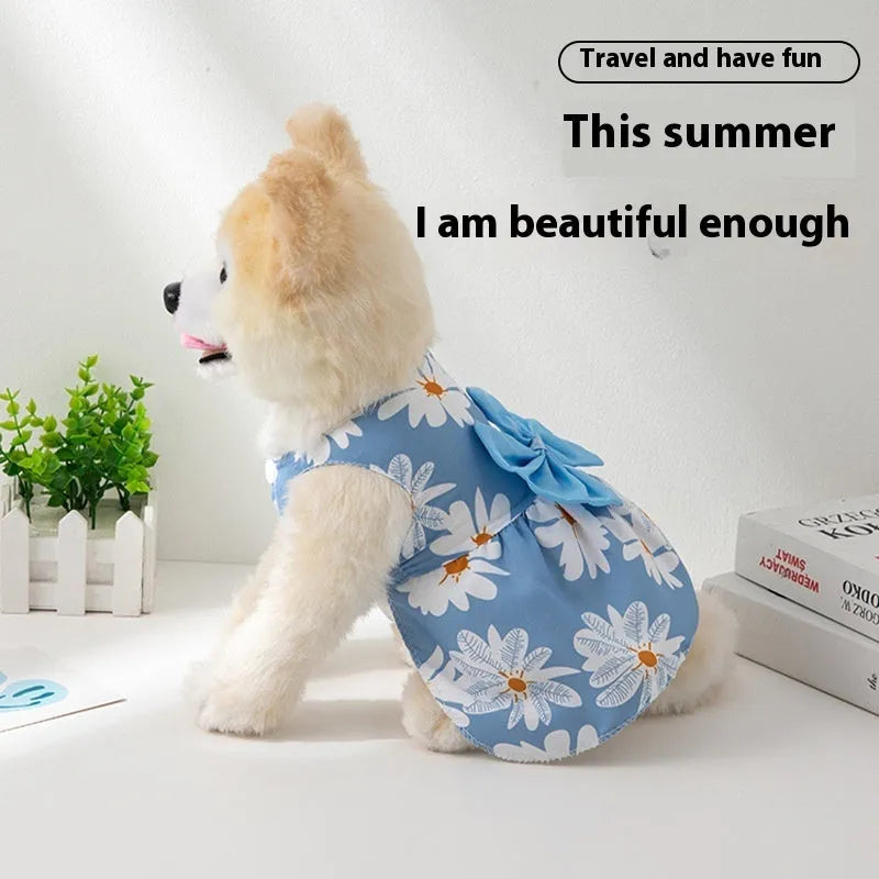 Ultra-thin floral print princess-style dress for a dog or cat, featuring a butterfly pattern and a large knot bow.