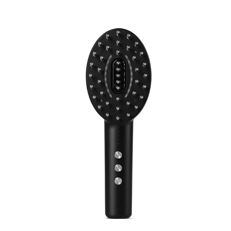 Black handheld scalp massage device with vibration function on a white background