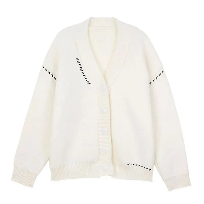 Women's loose fit knitted cardigan coat in black solid colour with long sleeves