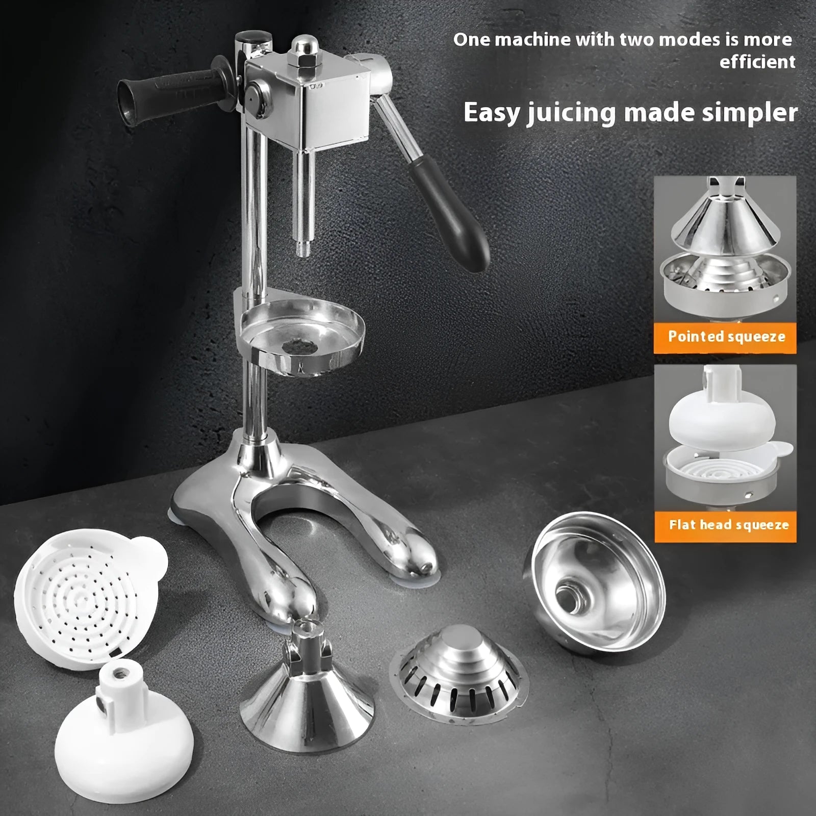 Vertical stainless steel manual juicer with multiple colour and tip options for household citrus juicing