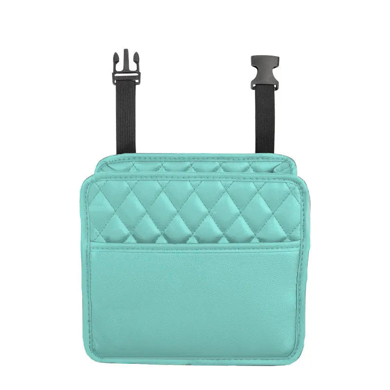 Leather hanging car storage bag in black colour measuring 25cm with hanging straps